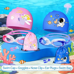 Allieuka Kids Swimming Goggles Set Swim Cap Nose Clip Earplugs Bag Waterproof Anti Fog Adjustable Dinosaur Astronaut Princess Unicorn