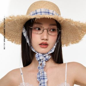 OMQAIO UV Protection Lafite Straw Hat Ribbon Lace-up Weave Straw Cap Elegant Foldable Beach Hat Woman/Female