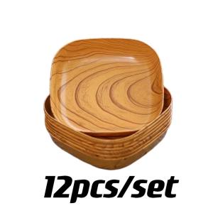 12PCS 20*20CM Square Plate with Base Kitchenware Plastic Wooden Design Square Snack Fruit Tableware Kitchen