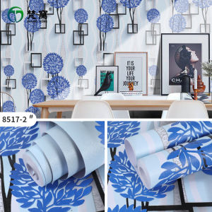 Wallpaper Dinding Motif Kotak 3D daun Biru Ukuran 45CM X 9-10METER