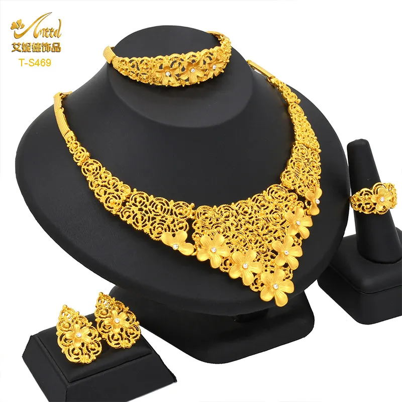 YU Dubai 24K gold jewelry set for women clawed element middle eastern bride  wedding necklace earrings ring bracelet four piece set jewelry