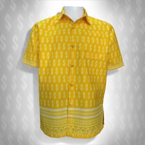 เสื้อเชิ้ตชาย อัดกาว ใส่ทำงาน ลายขอ ผ้าไทย เสื้อทีม สีเหลือง ลายไทย พิมพ์ลาย ชายเชิ้ต