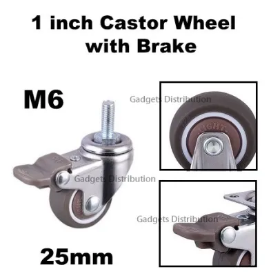 Brown Heavy Duty 25mm 1 inch TPE Rubber M6 Swivel Brake Castor Caster Roller Wheels Wheel 2828.1