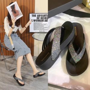 Free Shipping New Versatile Height-Increasing Home Slippers With Non-Slip Design Wedge Heel And Fashionable Rhinestone Embellishments For Outdoor Wear