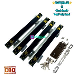 paket 4buah gagang tarikan handle pintu rumah dan lock body kunci untuk pintu depan daun pintu 2 model kupu tarung