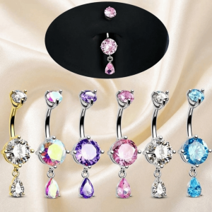 OUTOPEN Crystal Belly Button Rings Stainless Steel Teardrop Shape Belly Piercing Jewelry Dangle Colorful Navel Ring Women