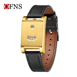 OFNS Mens Square Pointerless Watch Creative Window Display Genuine Leather/Bamboo Steel Strap Business Casual Quartz Watch