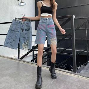 chen shop กางเกงยีนส์ขาห้าส่วน พิมพ์ลายขาดรู ผ้าเดนิมทรงตรงสวยเข้ารูป สไตล์เกาหลีฤดูร้อน รุ่นใหม่