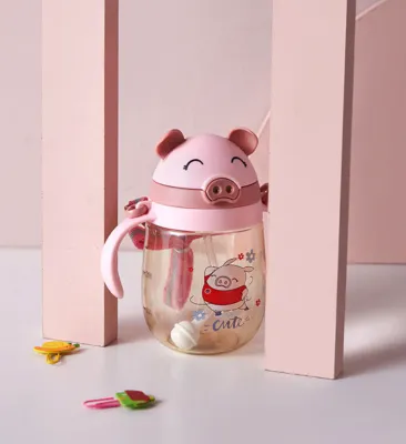 350ML Botol Minum Bayi Model Piggy Botol Air Drinking Bottle Baby Children Learning Cup with Gravity Ball Straw Handle / Strap Bottle Perlengkapan Bayi / Botol Minum Anak