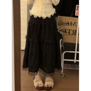 IELGY Lace patchwork cake skirt womens Korean style mid-length skirt