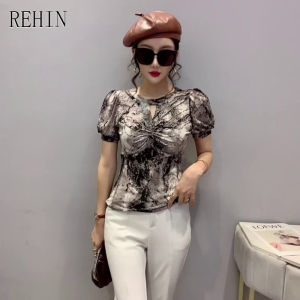 REHIN Womens top New bright silk hollow short sleeve T-shirt bubble sleeve elegant European style blouse S-3XL