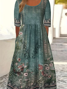 G72024 European and American Summer New Womens Round Neck Short Sleeve Long Dress Bohemian Print Dress for Women 7/7