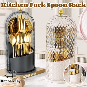 Kitchen Fork Spoon Rack Dustproof Organizer with Lid 360° Rotation Kitchen Storage Container