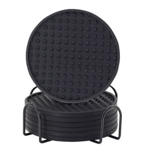 7 Pcs/Set 10x0.5cm Round Silicone Cup Pad Non-slip Insulated Drink Coasters 6 Pad 1 Holder