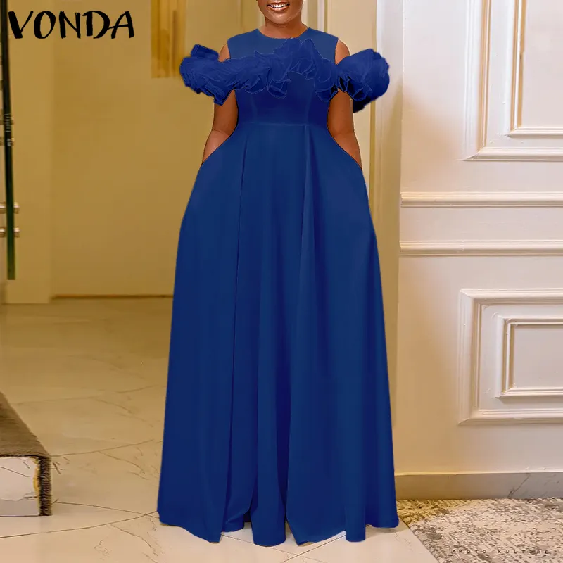 VONDA Women Elegant Crew Neck Ruffle Long Dress Fashion Pocket X-Shaped  Dresses (Plus Size)