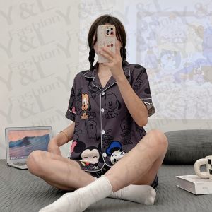Y&L FASHION #C014 Summer Cartoon Printed High Quality Cotton Short Sleeve With Shorts Sleepwear/Loungewear Set