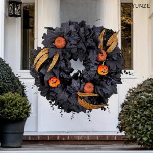 [COD] YUNZE Halloween Black Maple Leaf Pumpkin Wreath Gothic Garland Creepy Decor Pendant For Front DoorPorchWindow Indoor Outdoor Home Halloween Decor