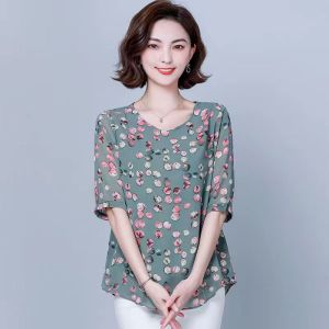 100KG Fat Girl Can Wear Elegant Floral Half sleeve Chiffon Shirt Ladies Korean Style Short Sleeve blouse Green Middle age Mother temperament T-shirt Women Chiffon tops Plus Size