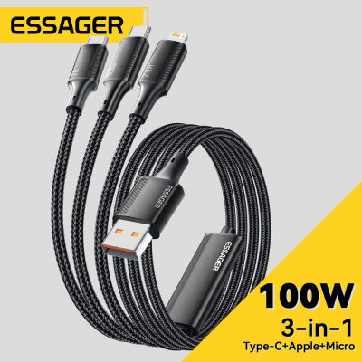 Essager 7A 100W 3 in 1 USB Type C Cable Micro Lightning Wire For iPhone 14 13 Pro Max Samsung Xiaomi Huawei Mate 60 Pro POCO Oneplus Realme Mobile Phone Data Cord