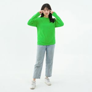 Kaos Polos Wanita Oneck Lengan Panjang Bahan Katun Combed 30s Warna Hijau Fuji