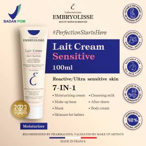 Embryolisse Lait-Creme Sensitive 100ml – 7 IN 1 : Pelembab Moisturizer Wajah + Makeup Cleanser Remover + Makeup Base Primer + Masker + Suncare + Cream After Shave + Pelembap Moisturizer Baby Anti Ruam Bayi - Rekomendasi MUA dan Artist Hollywood - 1x