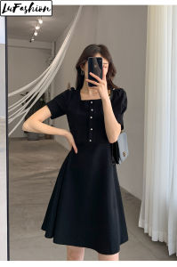 LuFashion Dress Women Korean Style Square Neck Short Sleeve French Summer Casual Dress