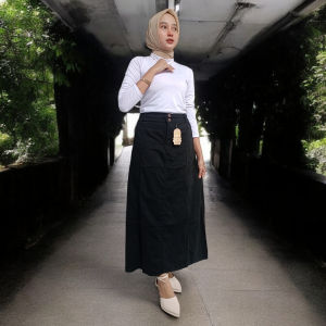 Rok Jeans A-Line Panjang Jumbo Mayung Premium Hitam Pekat Model Resleting Depan Ban Karet Belakang Bisa Cod