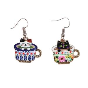 Fashionable Cup Cats Theme Earrings Cartoon Animal Shaped Ear Pendants Elegant Accessories Stylish Women Girls Earwear