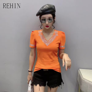 REHIN Áo Nữ Mùa Hè Mới Thiết Kế Mỏng Và Mỏng Thời Trang Áo Thun Tay Ngắn Cổ Chữ V Gợi Cảm Áo Cánh Thanh Lịch Lưới Khoan Sắt Nặng