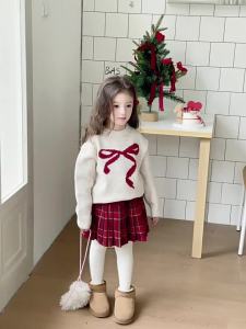 Aimobeibei Childrens Clothing Korean Version 2026 Winter Style Girls Fashionable Sweet Bow Jacquard Thick Knitted Sweater