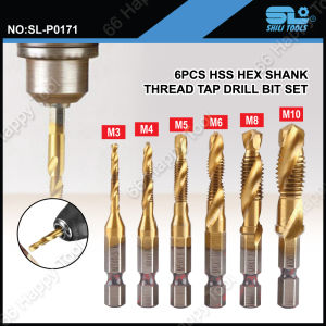 SHILI Tools 6pcs HSS Metric Thread Tap Drill Bit Set 1/4" Hex Shank Countersink Spiral Cutter M3 M4 M5 M6 M8 M10
