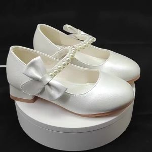 รองเท้าส้นสูงเจ้าหญิงสำหรับเด็กผู้หญิง สีขาว โบว์ สปริงและฤดูใบไม้ร่วง รองเท้าปั๊มมุก