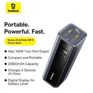 Baseus GP12 145W 20800mAh 4 Ports Fast Charging Laptop Portal Power Bank Air-Travel friendly Fast Charging for iPhone 15 Pro Max 16 Pro Max MacBook Air iPad Pro for Samsung Xiaomi Huawei Mobile Phones for Steam Deck