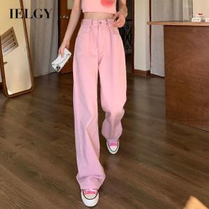 IELGY Quần Bò Ống Thẳng Cạp Cao Mỏng Màu Hồng Phiên Bản Hàn Quốc Quần Ống Rộng Mỏng Và Rộng