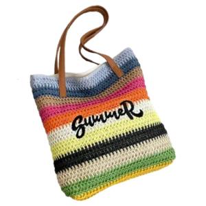 กระเป๋าชายหาดความจุมากที่มีกระเป๋าสะพายไหล่วันหยุดดีไซน์ผ้าทอสีรุ้งที่สะดุดตาสำหรับกิจกรรมกลางแจ้ง