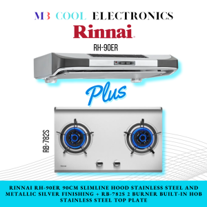 RINNAI RH-90ER 90CM SLIMLINE HOOD + RB-782S 2 BURNER BUILT-IN HOB STAINLESS STEEL TOP PLATE BUNDLE DEAL!