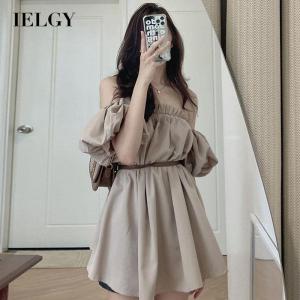IELGY Womens Vintage One-Line Neck Off Shoulder Loose Lantern Sleeve Dress