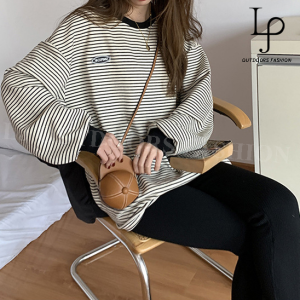 LJ- Woman Long Sleeve Shirt Sweatshirt Blouse Korean Stripe Sweater Slim Elastic Top Baju Berjalur Wanita Lengan Panjang Kasual