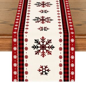 Table Runner Plaid Pine Trees Merry Christmas Table Runner Winter Xmas Holiday Kitchen Dining Table Decoration for Home Party Decor