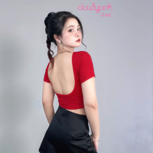 Áo croptop hở lưng có mút ngực cotton xịn co giãn – Cloudy Pink
