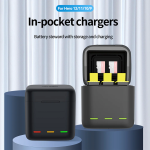 TELESIN Charger Box Battery 3 Slot dengan 2 Baterai untuk GoPro Hero 12/11/10/9 Action Camera