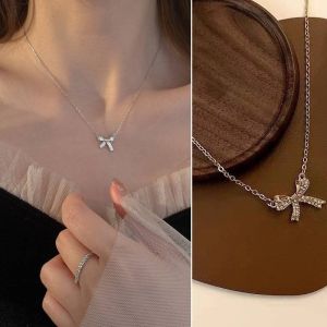 Elegant Shining Zirconia  Bow Pendant  Necklace Clavicle Chain for Women Jewelry Gift