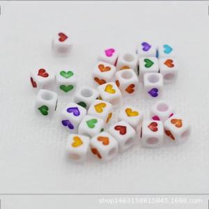 50pcs Heart Printed Loose Beads Big Hole Square Beads for DIY Making Necklaces Bracelet Beads Random Colors