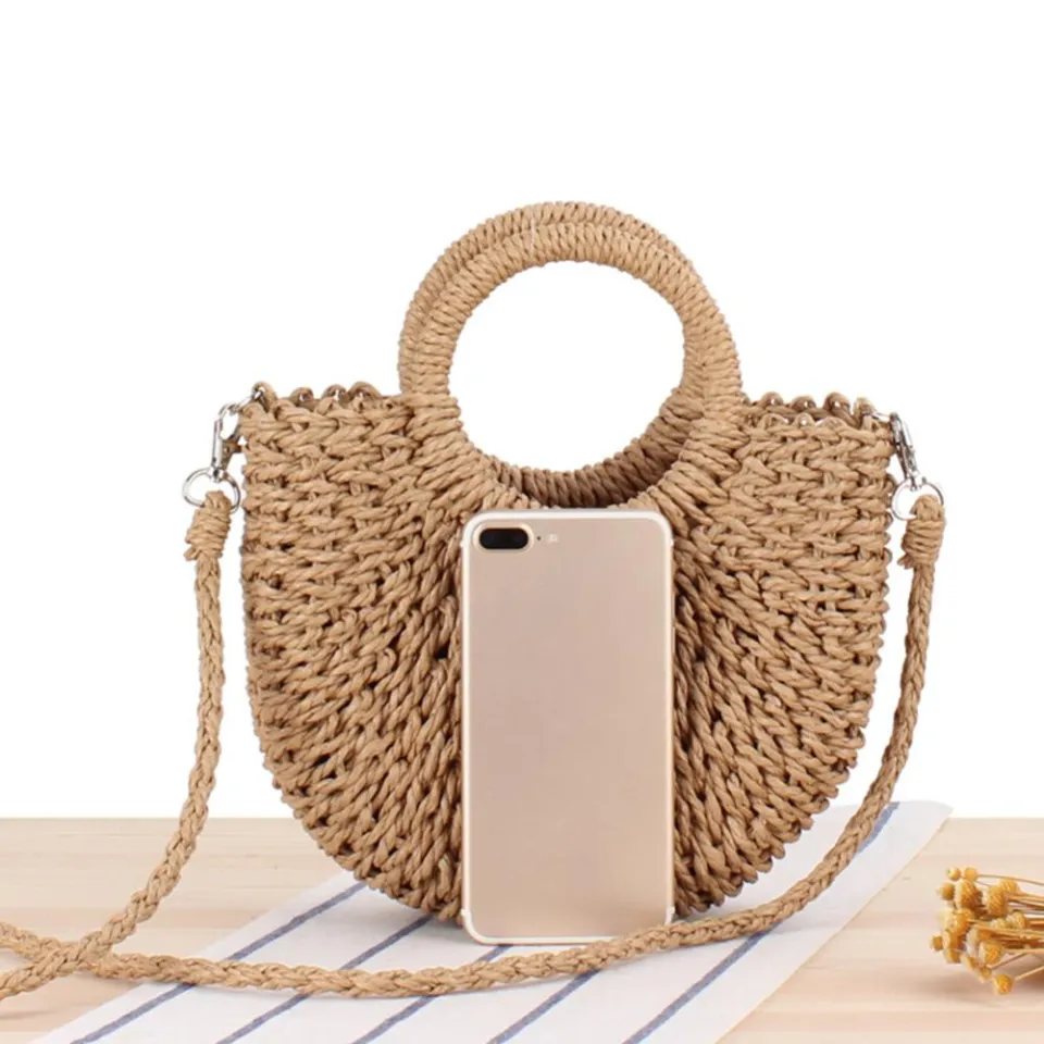 Women Weaving Crossbody Bag Handmade Woven Top-Handle Bags Fashion  Semicircle Casual Simple Holiday Vacation Straw Bags