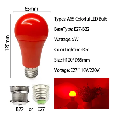 A65หลอดไฟ LED หลากสี B22 E27 5W หลายสีสีแดงสีเขียวสีฟ้าสีเหลืองชมพูขาวการตกแต่งบ้านปาร์ตี้