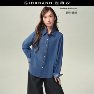 GIORDANO Women Shirts Contrast Stripe Cuff Denim Shirts Long Sleeve Fashionable Casual Relaxed Denim Shirts 18346828