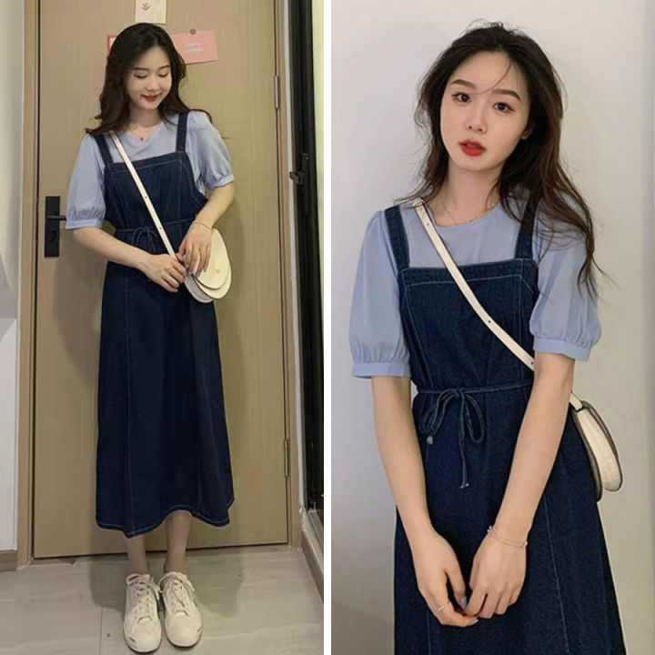 Yếm váy jean dáng dài đầm yếm bò nữ phong cách Hàn Quốc | Lazada.vn