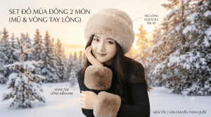 Bộ Đôi Phụ Kiện Mùa Đông 2 Món - Nón lông vành tròn kèm đôi cổ tay áo lông xù chụp ảnh Noel Sapa Đà Lạt