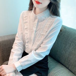 Fashion long-sleeved shirt womens new lace splicing pure cotton shirt versatile wooden ear edge long-sleeved shirt