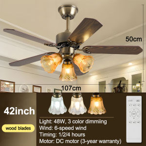 Gogeous 48/42inch retro ceiling fan with light 6 gear wind tricolor dimming ceiling fan with lights and remote 5 blades big vintage ceiling fan with 3 bulbs big size for living room dinning room bedroom